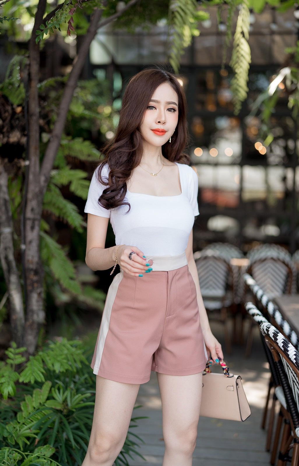 กางเกงขาสั้นเอวสูทูโทน สายหวาน ผ้าดับเบิ้ล ผ้าดี ผ้ายืด สวยน่ารัก