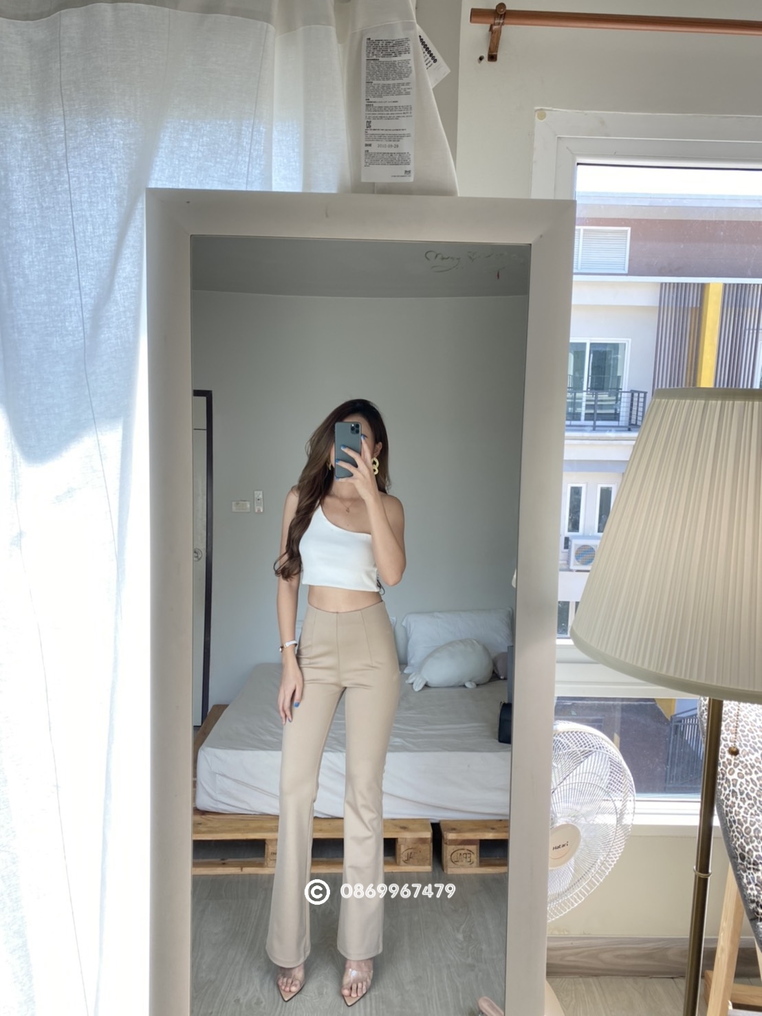 กางเกงขายาวผู้หญิงเอวสูง ขอบเอวหลบ ข้าม้า ซิปหลังผ้าโรเชฟ ยืด น่ารัก ไม่ต้องรีด