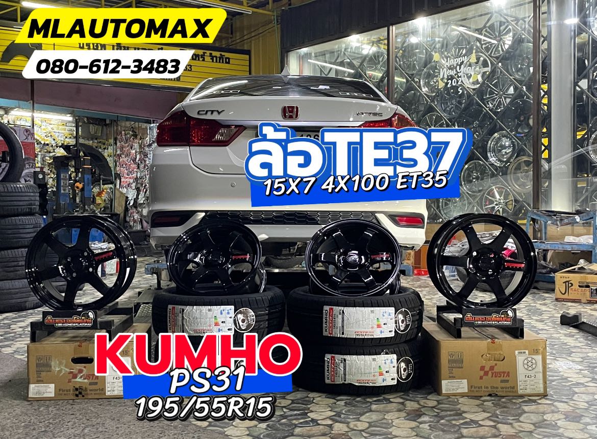 #HONDA_CITY🚘❤️💫 🛞🐘#KUMHO_PS31_195/55R15 ❤️ 🛞 #ล้อTE37 15X7 ET35 4X100 ดำหยอดแดง