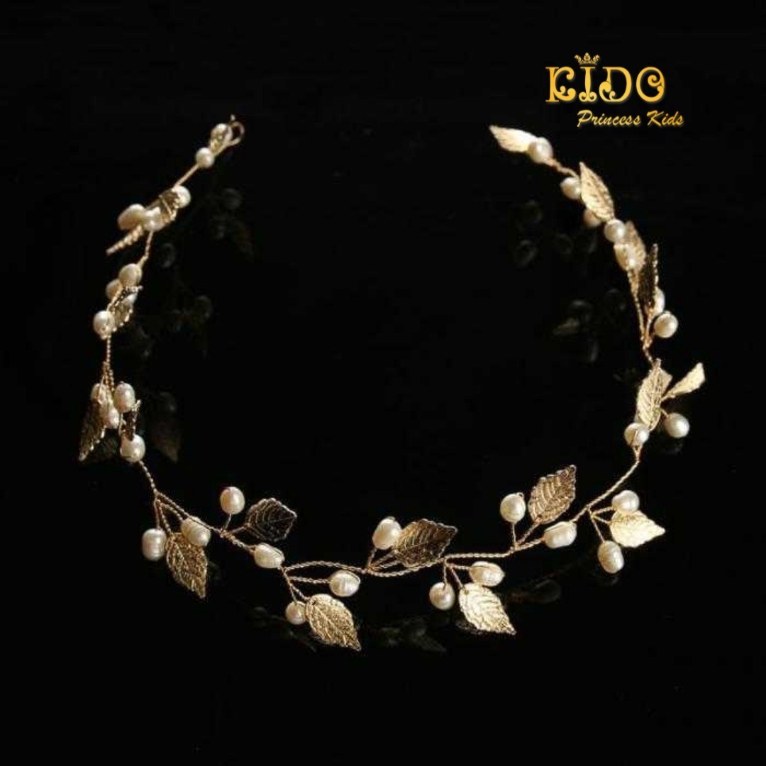 คาดผมเด็ก(หน้าร้านอยู่รัชดา)KF609 เส้นประดับผมใบไม้สีทอง ประดับมุข สวยหรู