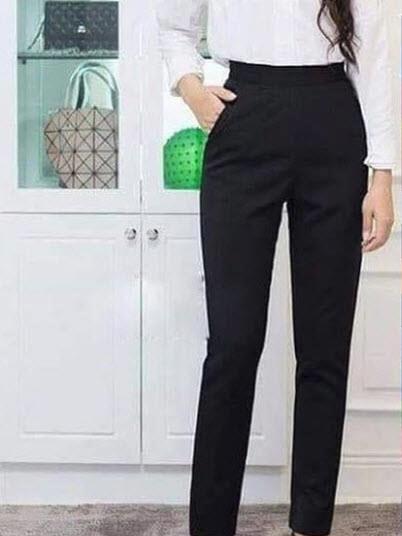 กางเกงขายาวผู้หญิงเอวสูง 9 ส่วน ซิปข้าง ผ้าดับโรเชฟ ยืด หนา นิ่ม น่ารัก ไม่ต้องรีด