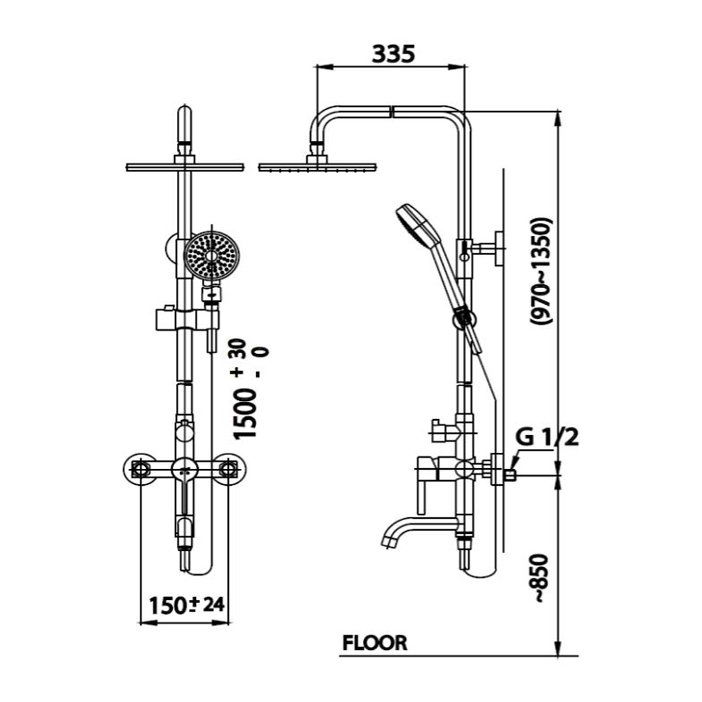 COTTO CT527W ก๊อกผสมยืนอาบพร้อมฝักบัวสายอ่อน 1 ฟังก์ชั่น ฝักบัวก้านแข็งขนาด 8 นิ้ว และท่อลงพื้น