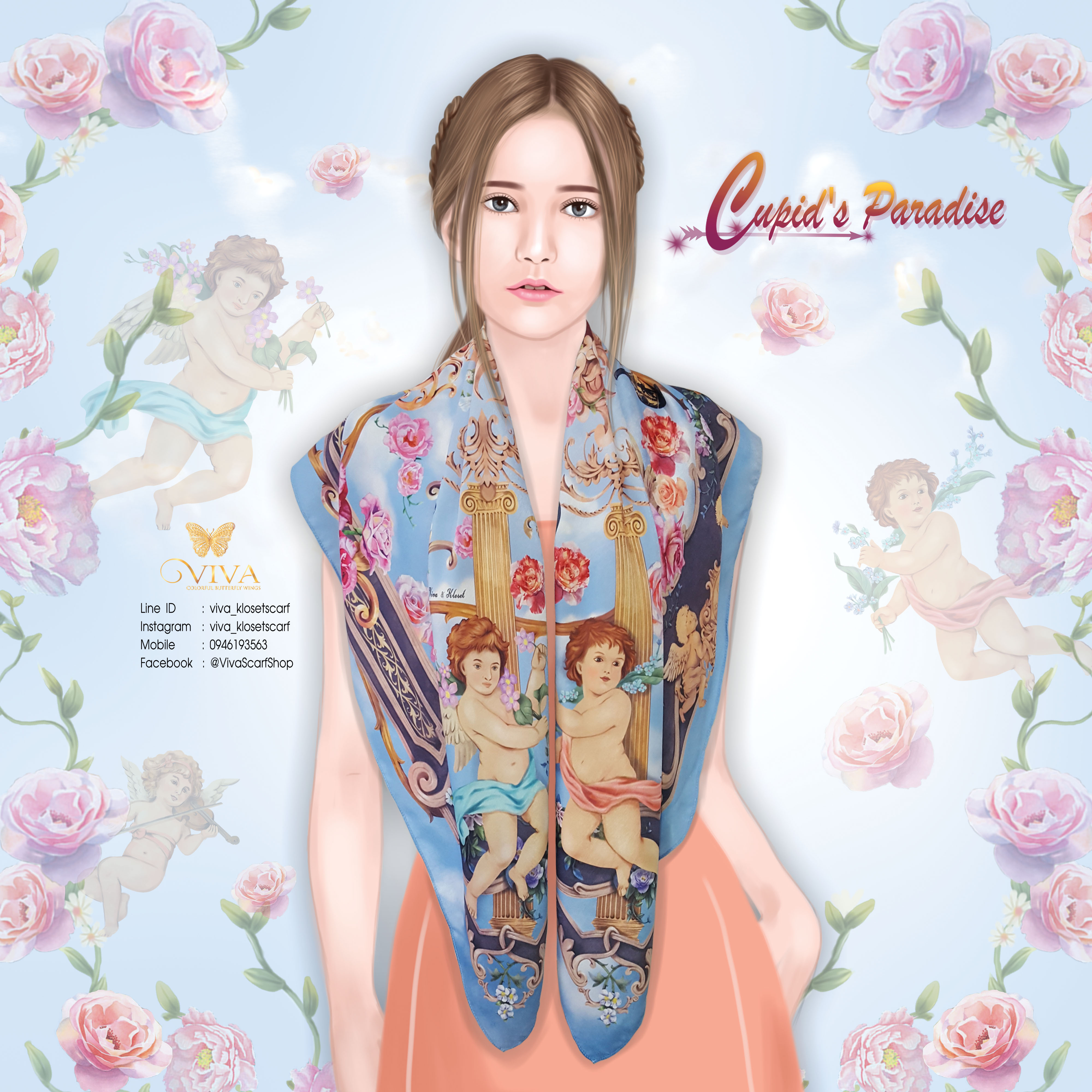 ผ้าพันคอ รุ่น Cupid's Paradise เนื้อผ้า Silky Satin Velvet Premium Color : Blue