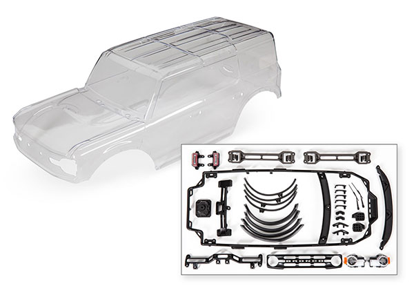 9211 Body, Ford Bronco (clear, requires painting)/ decals/ window masks (includes grille, side mirrors, door handles, fender flares, windshield wipers, spare tire mount, clipless mounting, hardware) (requires #8080X inner fenders)