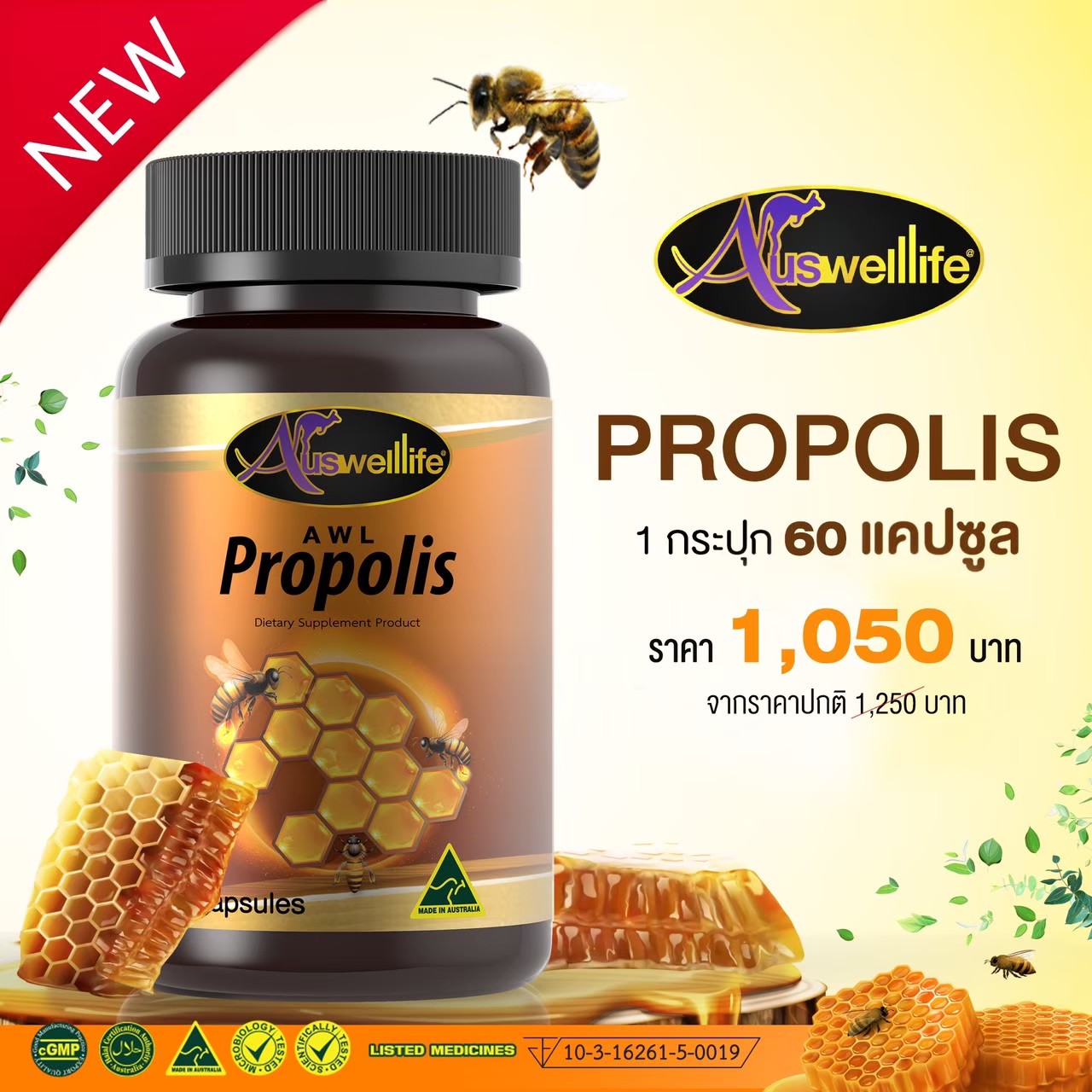 โปรพอลิส เสริมสร้างภูมิคุ้มกัน รักษาภูมิแพ้ Auswelllife Premium Propolis 1,000 mg. 60 แคปซูล 1 กระปุก