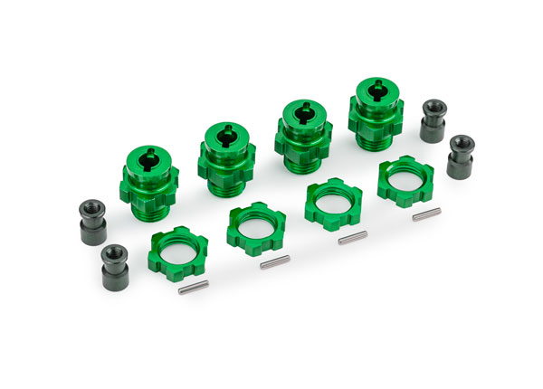 9086-GRN Wheel hubs, splined, 17mm, short (green-anodized) (4)/ wheel nuts, splined, 17mm (green-anodized) (4)/ hub retainer M4 X 0.7 (4)/ axle pin (4) (for use with #9080 upgrade kit)