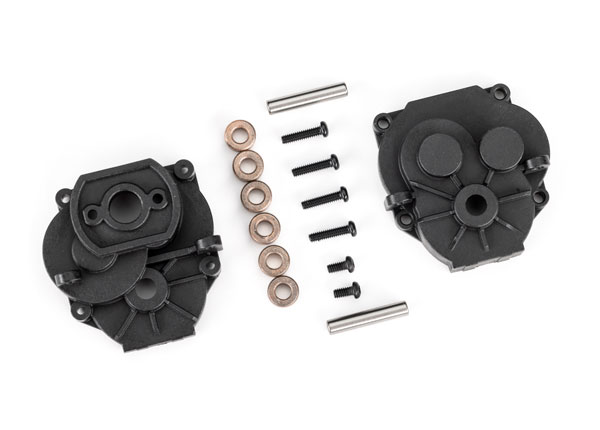 9747 Gearbox housing (front & rear)/ 2x4mm BCS (with threadlock) (2)/ 2x8mm BCS (4)/ 3x6x2.5mm bushings, self-lubricating (6)/ 3x16mm pins (2)