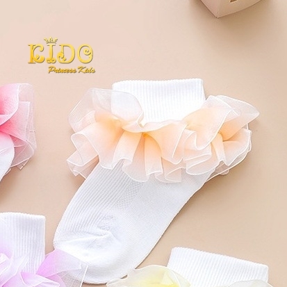ถุงเท้าเด็ก(มีหน้าร้านอยู่รัชดา)S113สีขาว ข้อเท้าระบายไล่สีทรูโทนสีส้ม สีสันสดใส