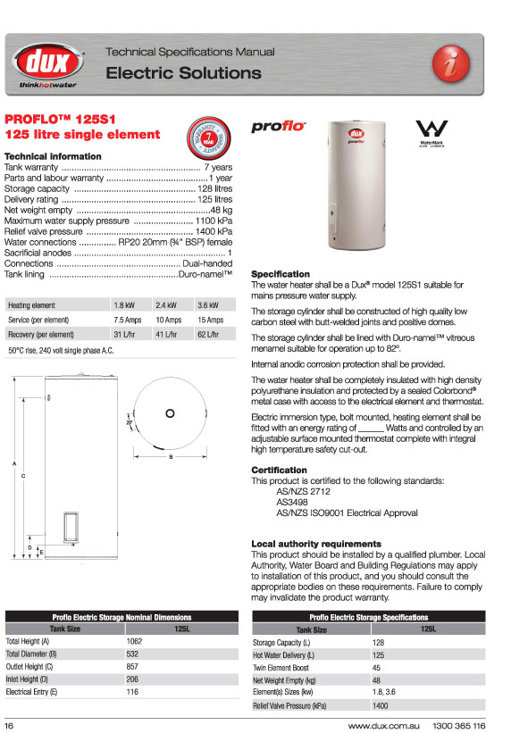 เครื่องทำน้ำร้อนแบบหม้อต้ม DUX รุ่น 125T1