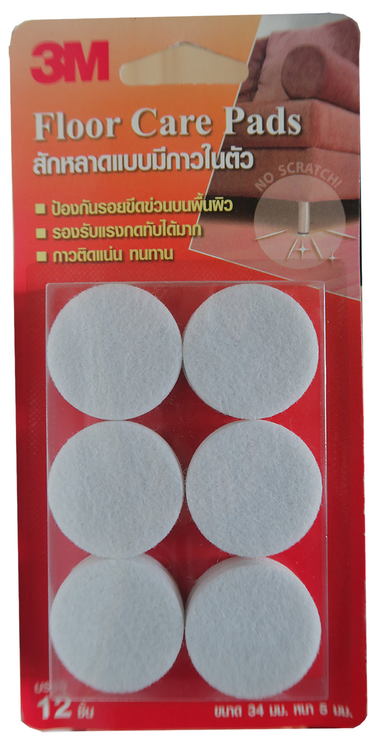 3M® Floor Care Circle white 34MM (12 PCS/CARD) 3M® สักหลาดรองขาโต๊ะ แบบมีกาวในตัว ขนาด 34 มม. สีขาว (ทรงกลม)