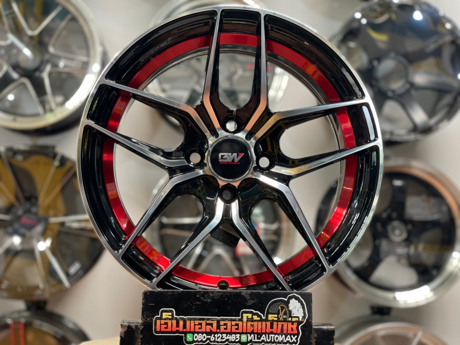 ล้อแม็กซ์ขอบ15 Brightwheels ASTON-3 ขอบ15 กว้าง7 ออฟ32 4รู100 สีดำหน้าเงาอันเดอร์คัตแดง(FP/B UN ED RED)