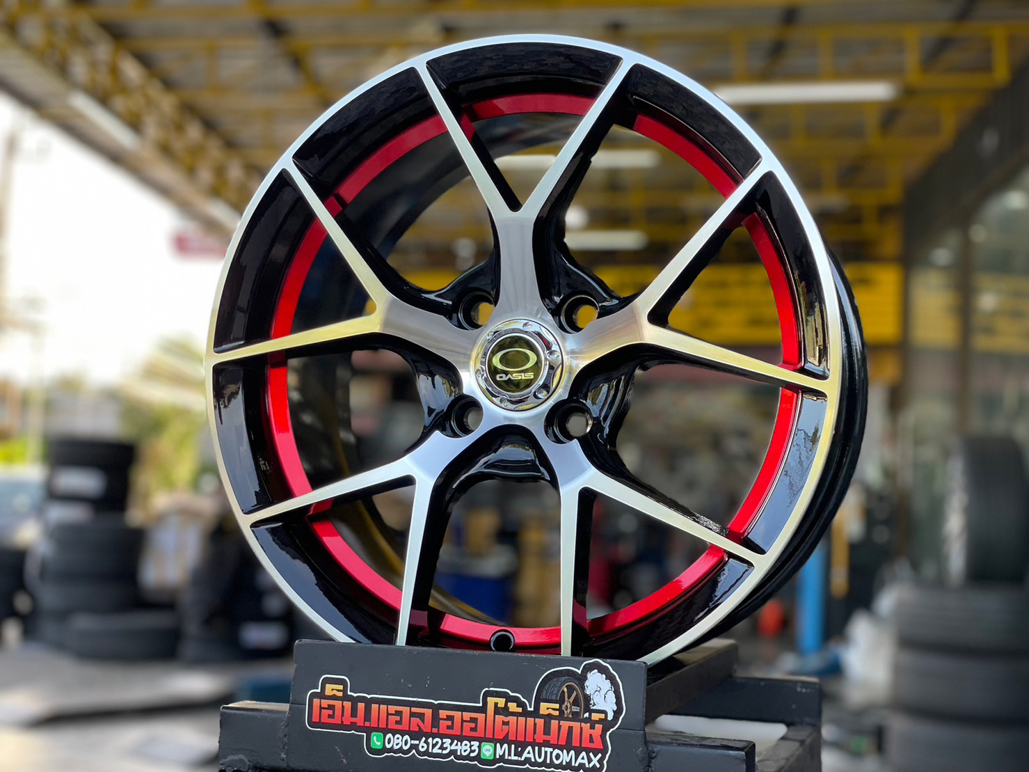 ล้อแม็กซ์ใหม่ขอบ15 OASIS Model Delta5 15x7 4x100 ET35 สีดำอันเดอร์คัตแดงหน้าเงา