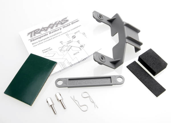 3627X Battery hold-down (grey) (1) / receiver hold-down (grey) (1) / metal posts (2)/ spacers (2)/ body clips (2)/ servo tape/ adhesive foam pad