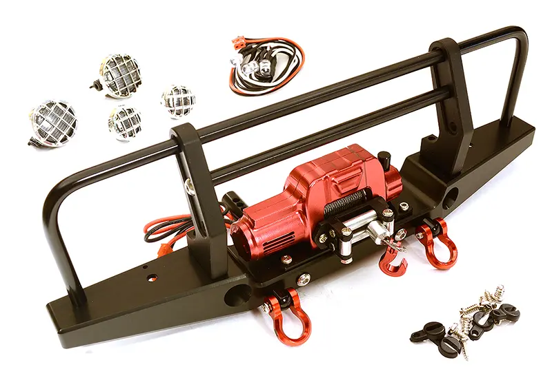 INT-C28030BLACKRED Realistic Front Alloy Bumper w/ Winch & LED for Traxxas TRX-4 w/ 43mm Mount