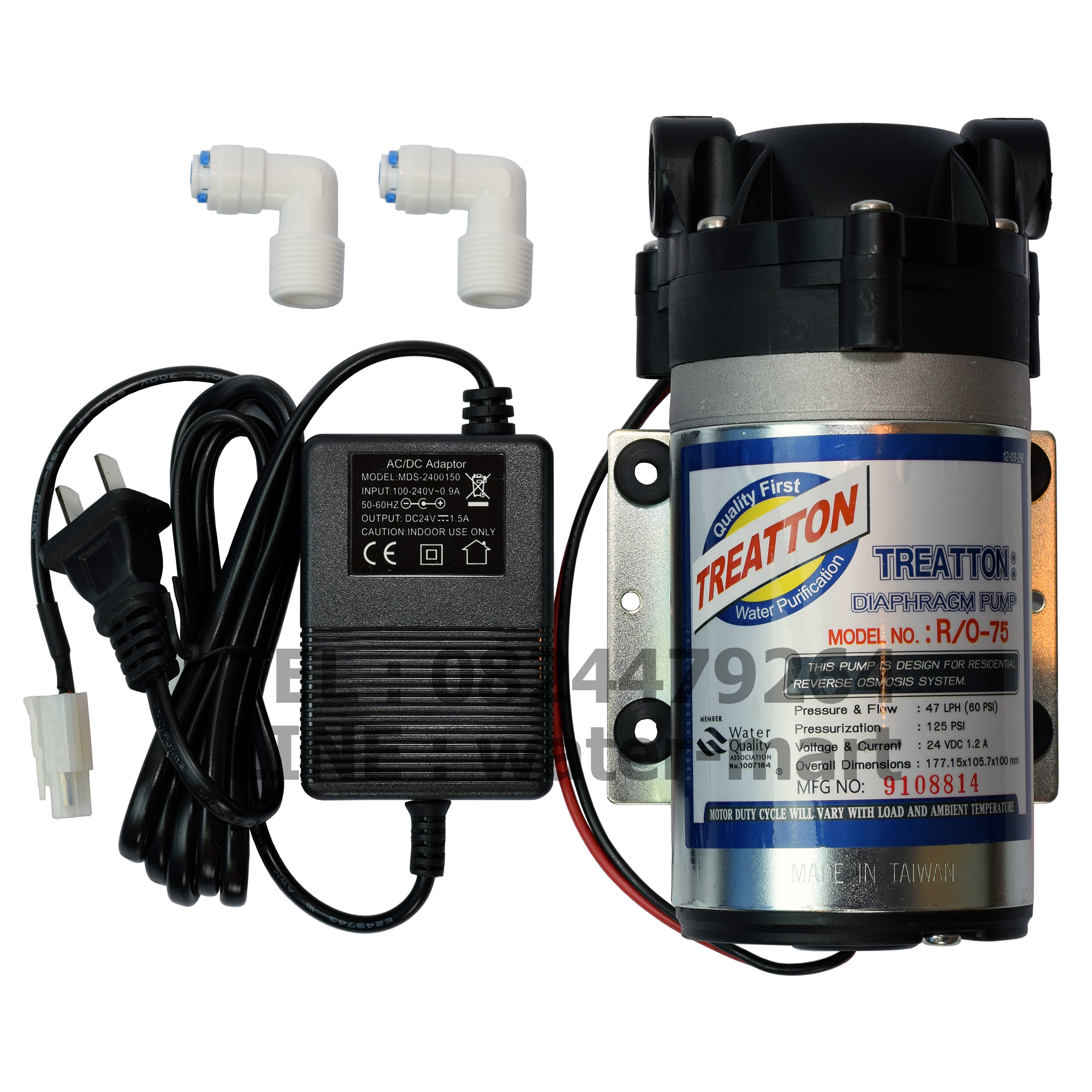 TREATTON Diaphragm Pump R/O-75 GPD, ปั๊ม RO 75 GPD พร้อมหม้อแปลงและข้อต่อ