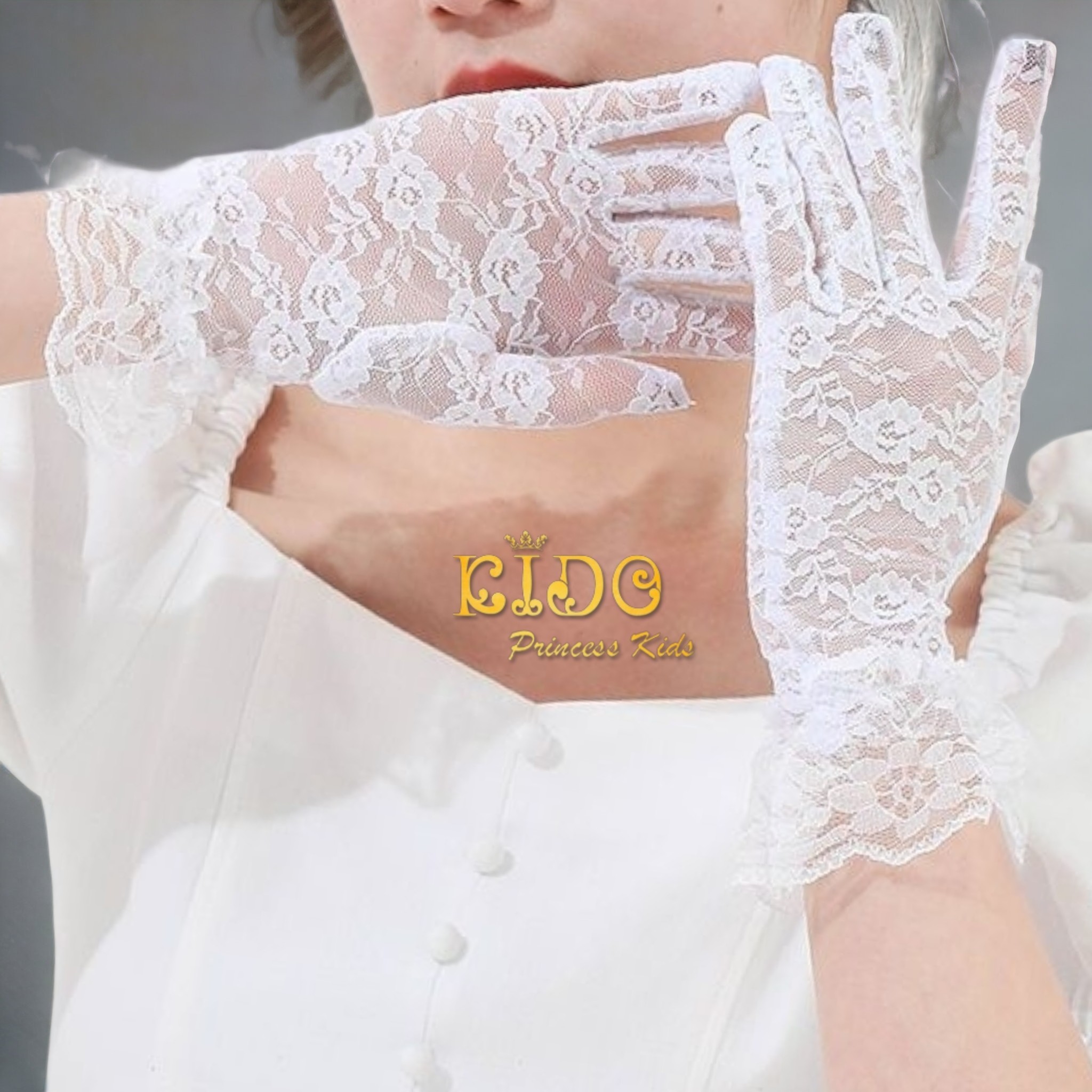 ถุงมือเด็ก12ปีขึ้นไป(มีหน้าร้านอยู่รัชดา)GS009 สีขาว ลูกไม้ลายโบว์
