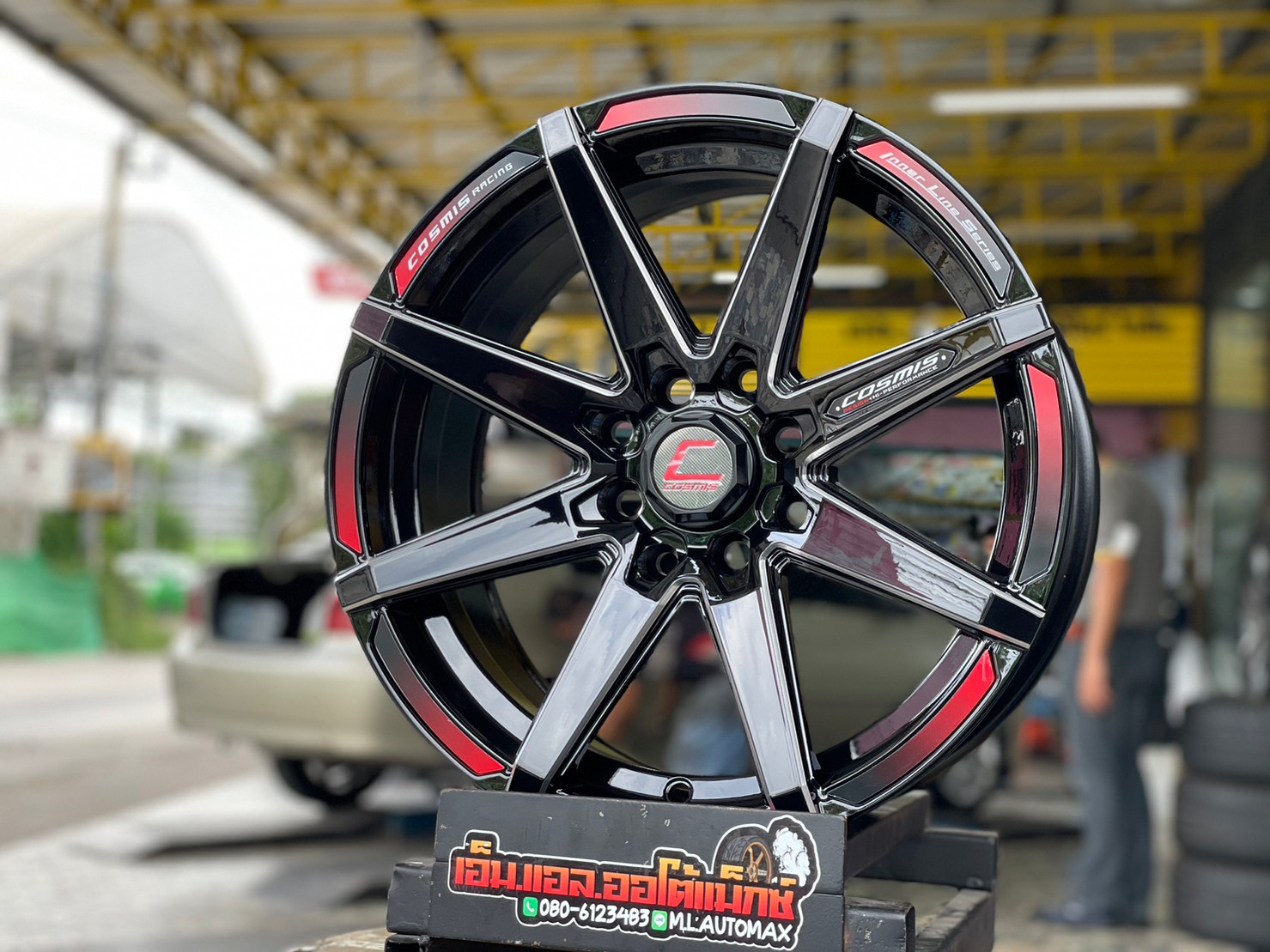 ล้อแม็กซ์ Cosmis รุ่นInterline S1 ล้อแม็กซ์ขอบ15 กว้าง7 ออฟ25 4รู100 และ4รู114 สีดำCNC ข้างก้าน