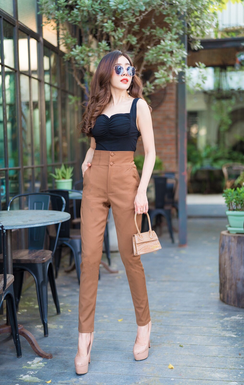 กางเกงขายาวผู้หญิงเอวสูง ขาเดฟ 2 กระดุมหน้า ซิปหน้า ผ้าดับเบิ้ลซาติน ยืด สวยมาก