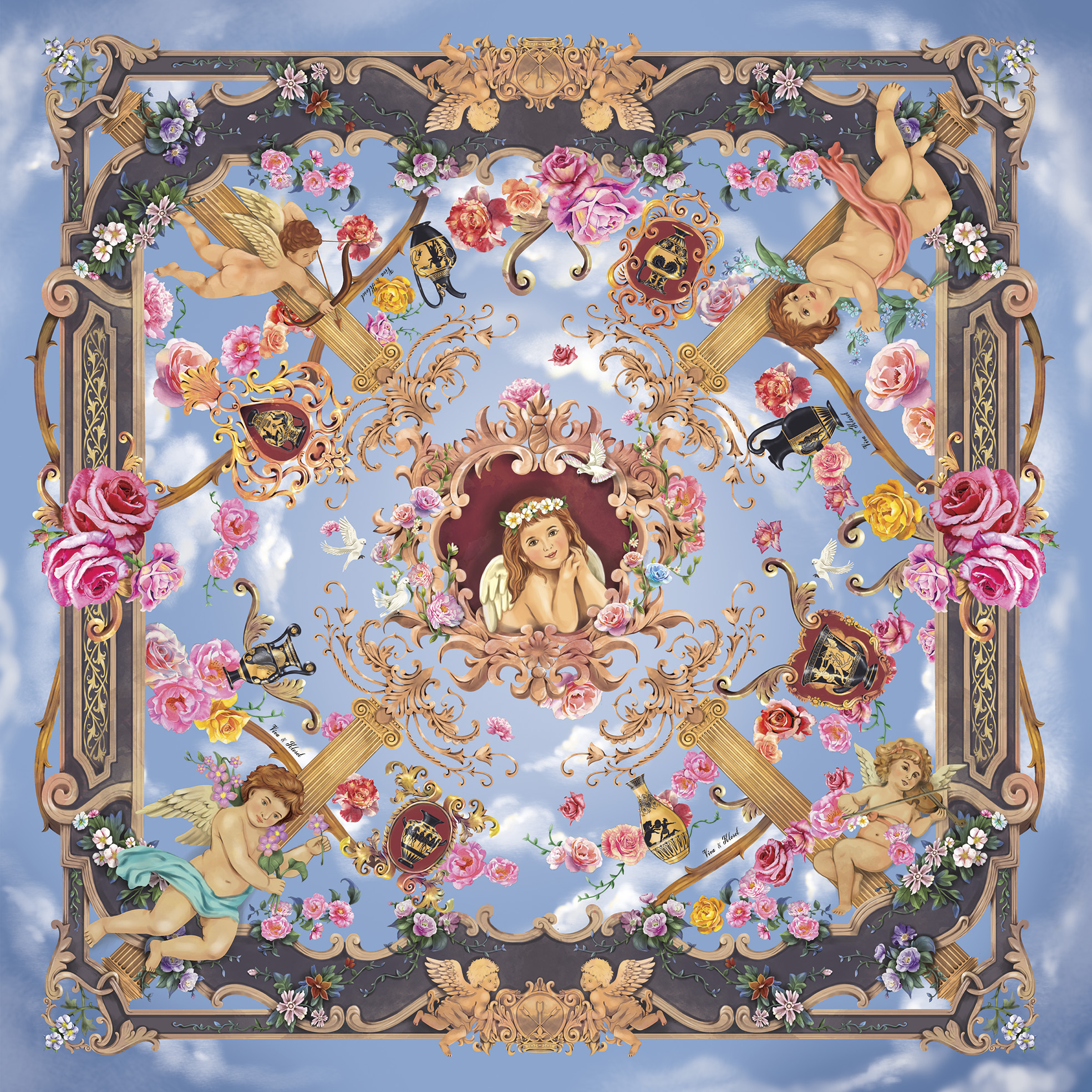 ผ้าพันคอ รุ่น Cupid's Paradise เนื้อผ้า Silky Satin Velvet Premium Color : Blue