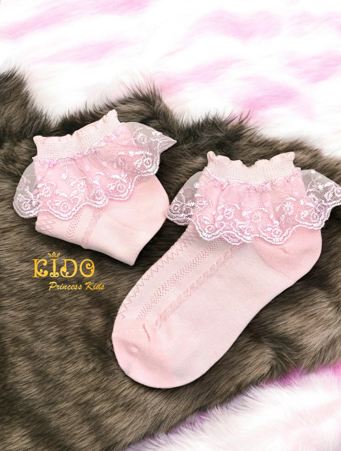ถุงเท้าเด็ก(มีหน้าร้านอยู่รัชดา)S329 สีชมพู ข้อเท้าลายลูกไม้ระบาย2ชั้น