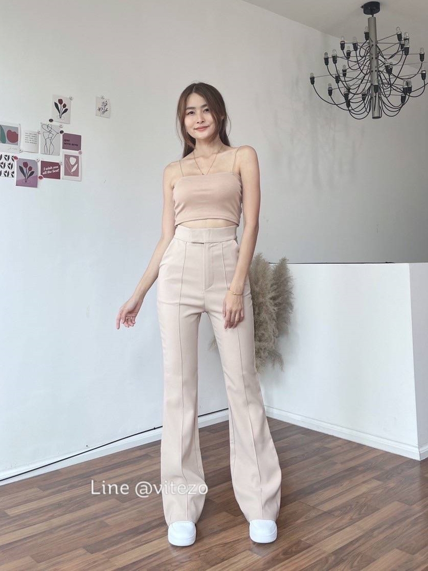 กางเกงขายาว ข้าม้า ตีเกล็ดหน้า เอวป้าย ผ้าโรเชฟ ยืด นิ่ม ใส่สวย ดูสูง