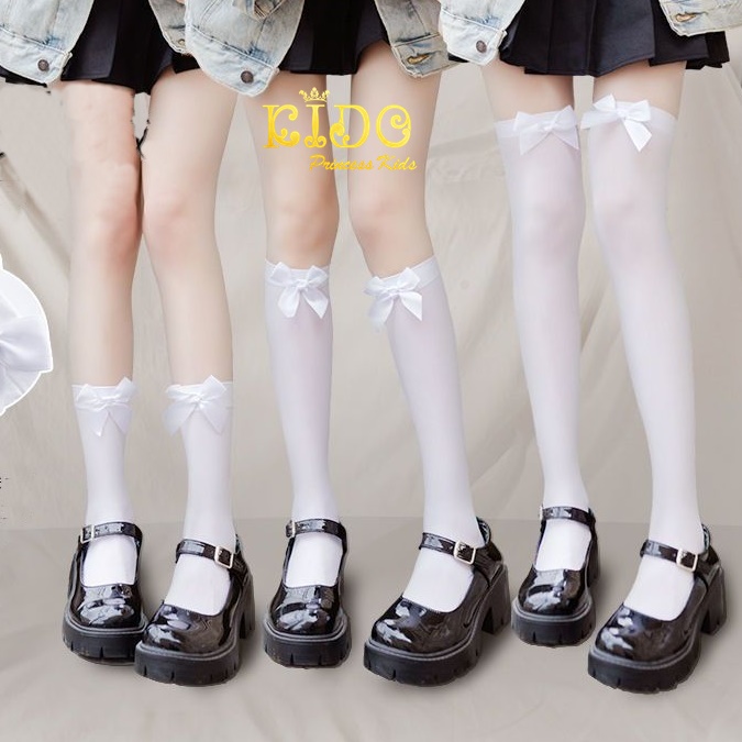 ถุงเท้าเด็ก ถุงเท้าผูใหญ่(มีหน้าร้านอยู่รัชดา)M227 สีขาว ถุงเท้ายาว ติดโบว์