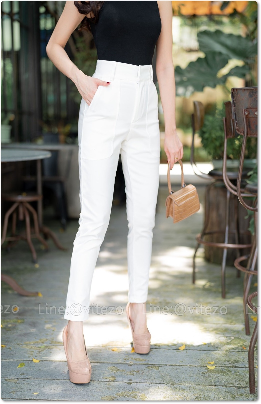 กางเกงขายาวผู้หญิงเอวสูง 9 ส่วน ซิปหน้า กระเป๋าใหญ่ ขอบหนา 3 นิ้ว ผ้าดับเบิ้ลซาติน ยืด หนา นิ่ม สวย น่ารัก