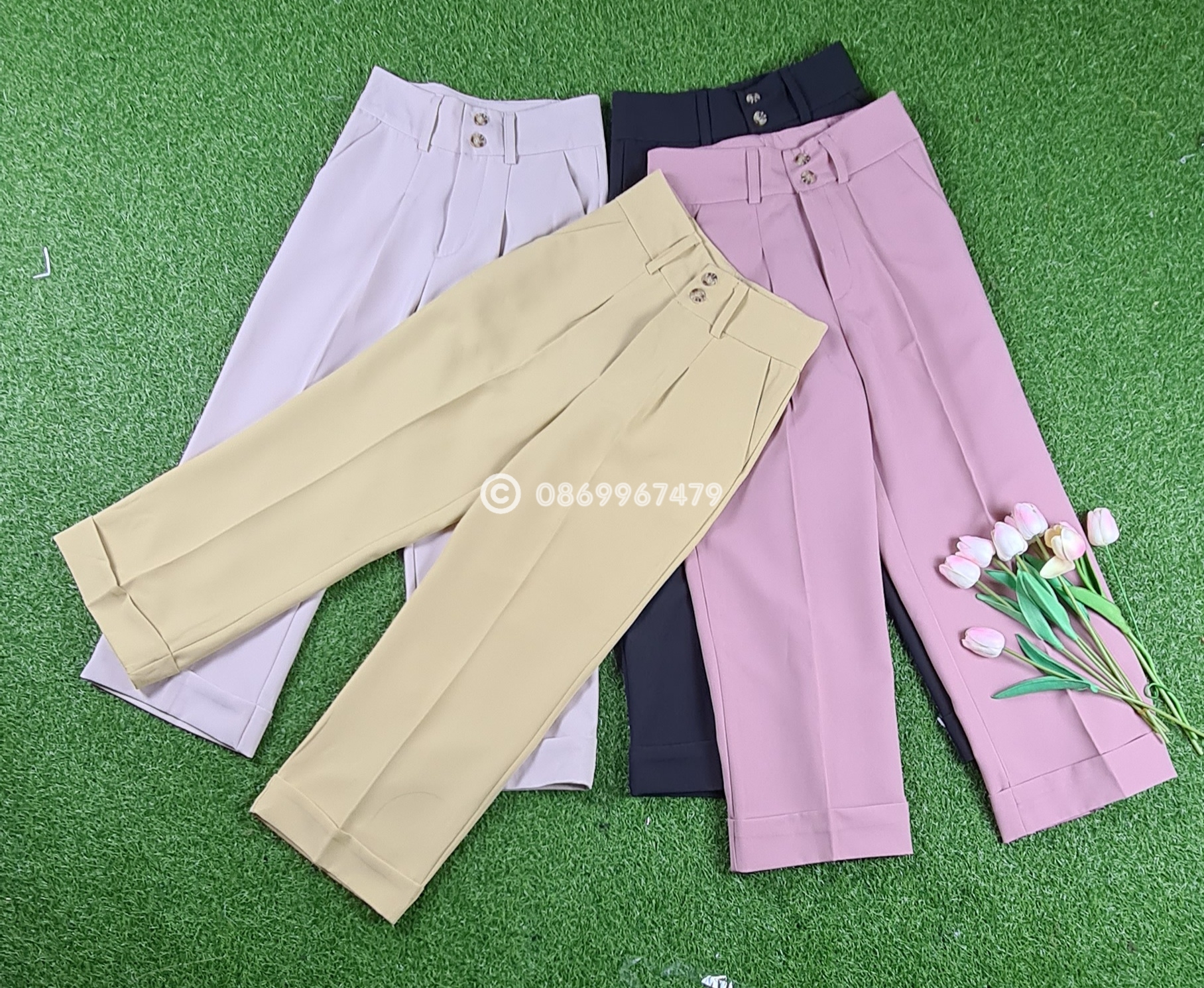 กางเกงขายาวผู้หญิงเอวสูง แต่งปลายขาพับ ผ้าเบา นิ่ม สวยน่ารัก