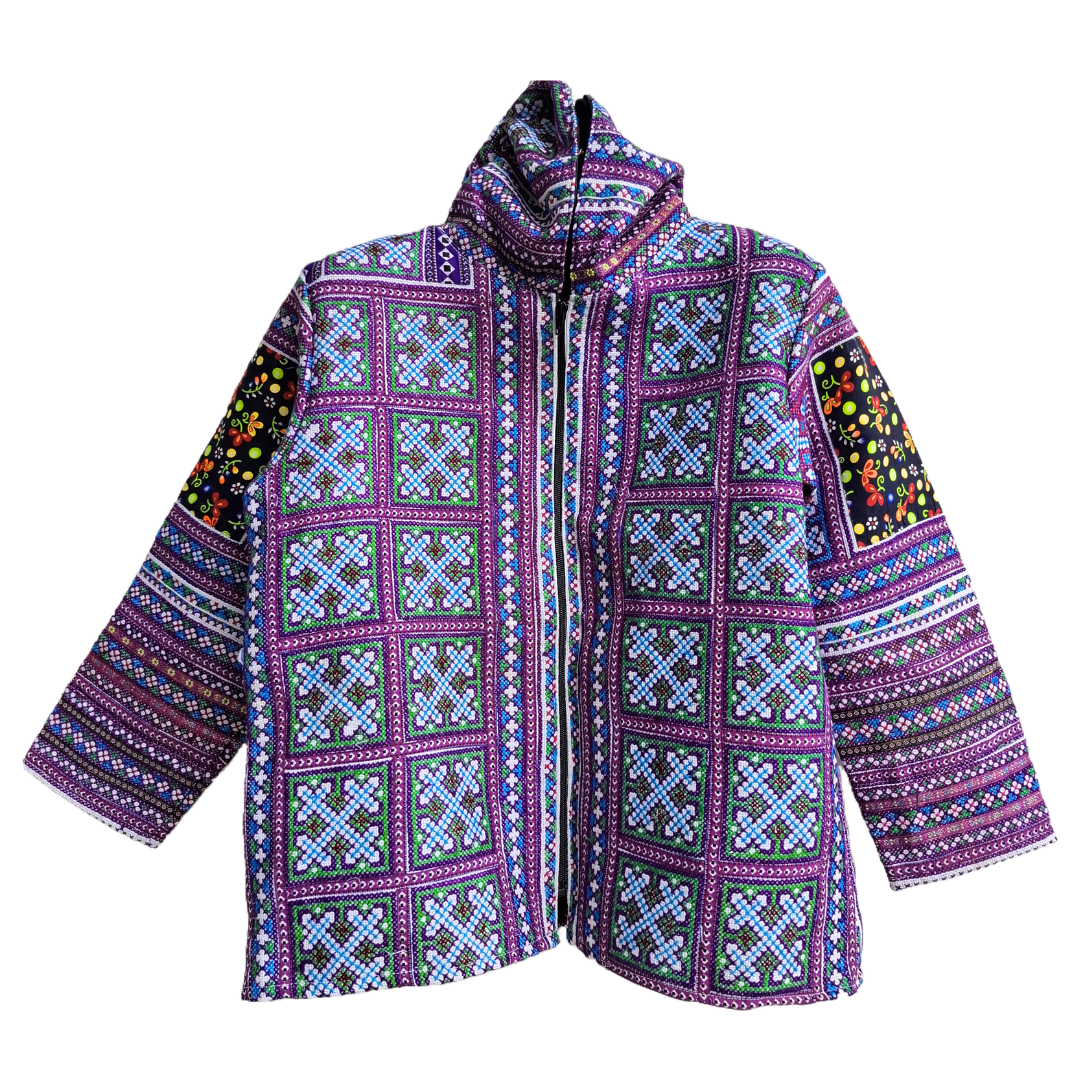 เสื้อฮู้ดแขนยาว ผ้าปักมือม้งลายโบราณ โทนม่วง-เขียว