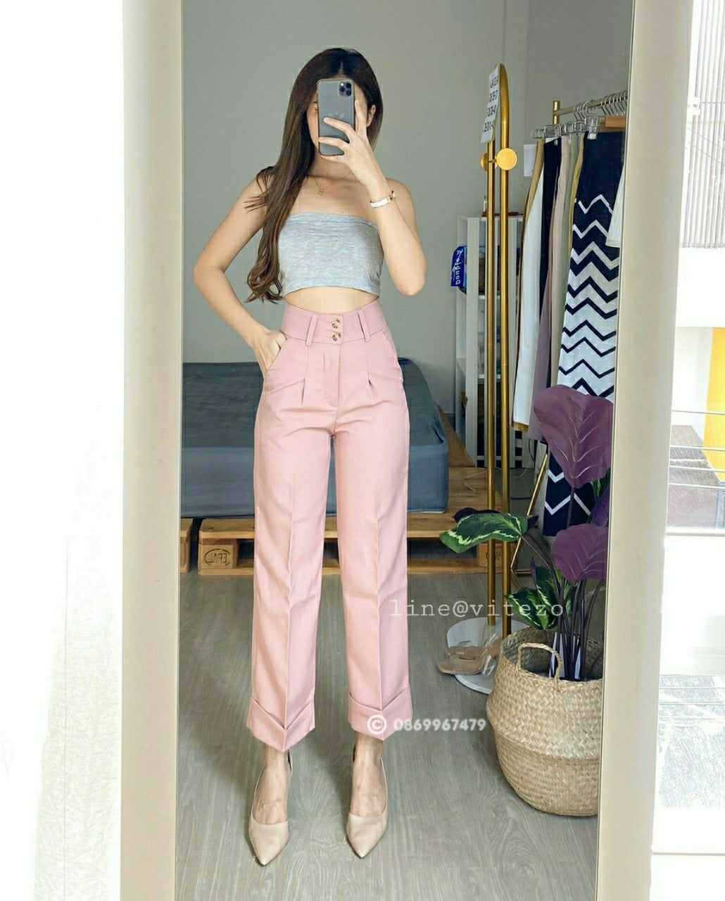 กางเกงขายาวผู้หญิงเอวสูง แต่งปลายขาพับ ผ้าเบา นิ่ม สวยน่ารัก