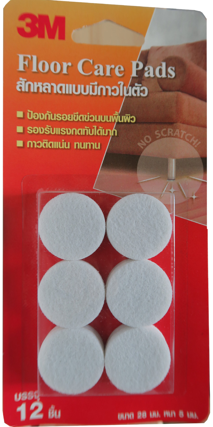 3M® Floor Care Circle white 28MM (12 PCS/CARD) 3M® สักหลาดรองขาโต๊ะ แบบมีกาวในตัว ขนาด 28 มม. สีขาว (ทรงกลม)