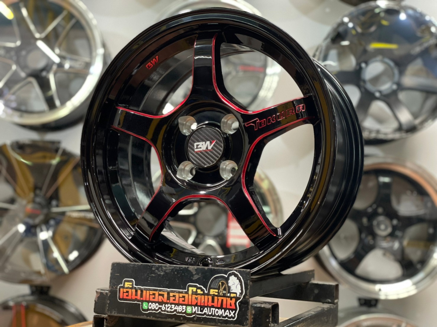 ล้อแม็กซ์ขอบ15 Brightwheels BW-57 ขอบ15 กว้าง7 ออฟ35 4รู100 สีดำข้างก้านไดร์แดง(F/B ED RED)