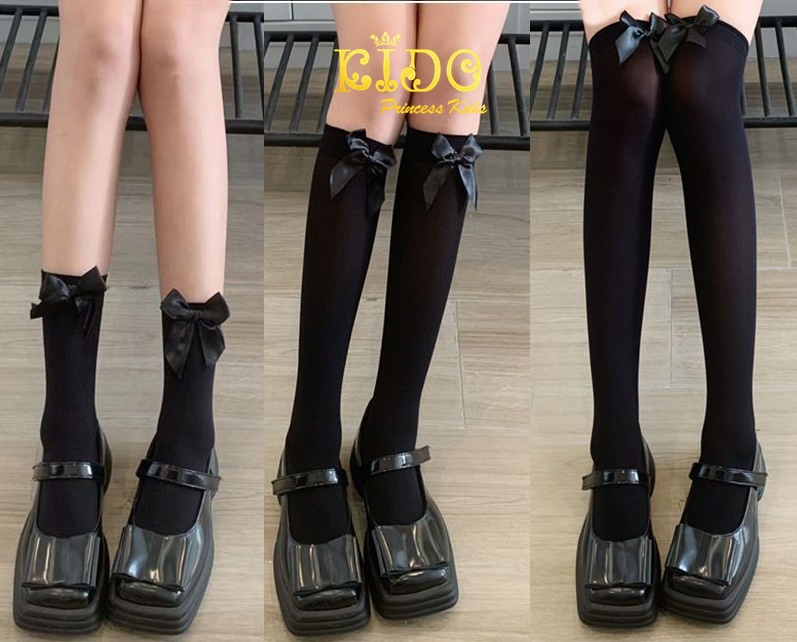 ถุงเท้าเด็ก ถุงเท้าผูใหญ่(มีหน้าร้านอยู่รัชดา)M227 สีดำ สีขาวถุงเท้ายาว ติดโบว์