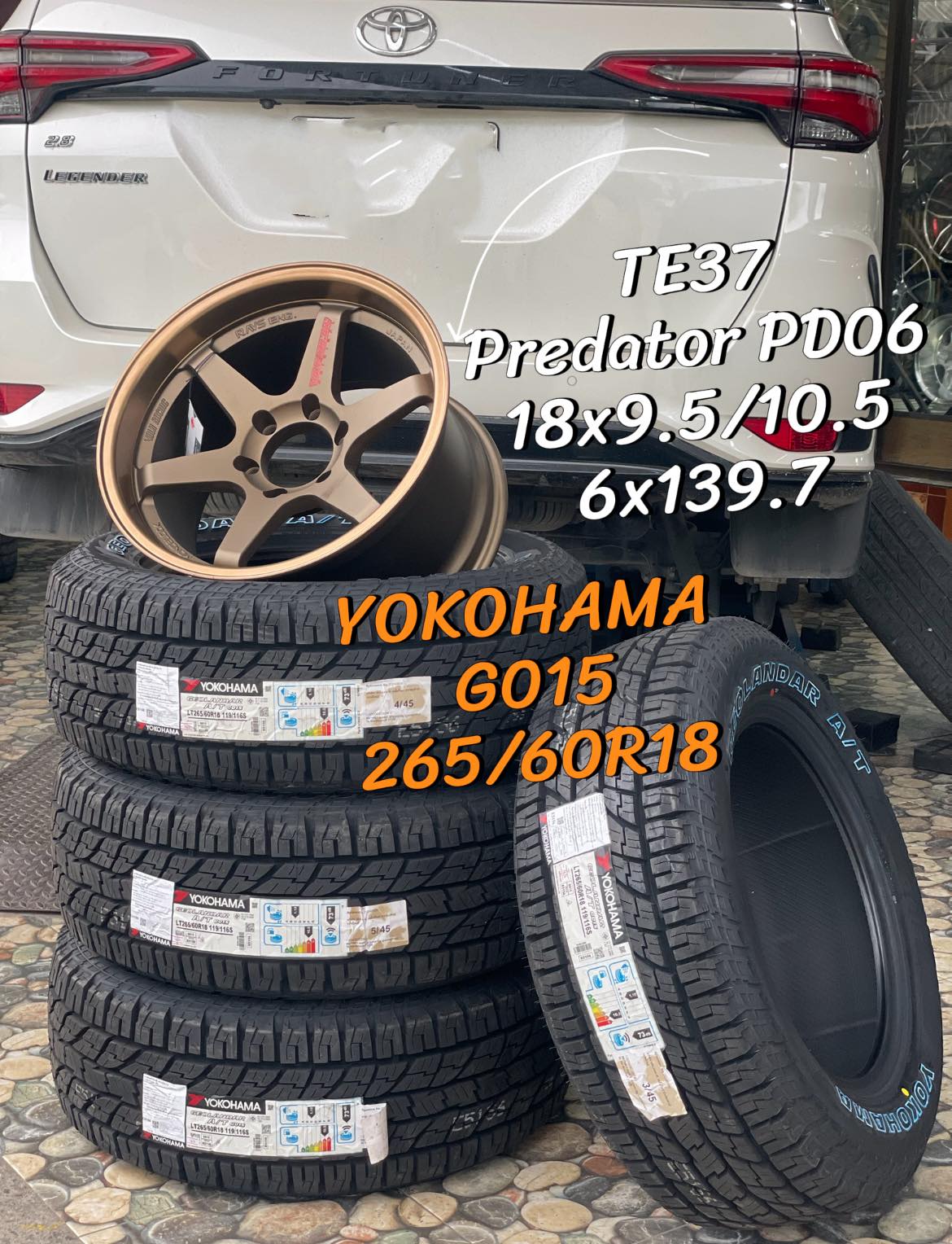 🛞จัดครบล้อพร้อมยาง🛞 ล้อลายยอดฮิต #TE37 18/9.5/10.5 6x137 ล้อ Made in Thailand ยางใหม่ YOKOHAMA GEOLANDAR A/T G015 265/60R18 ยางใหม่ปี2024 ยางตัวหนังสือสีขาว