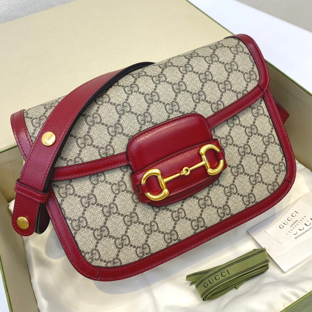 Gucci Horsebit 1995 มือสอง Shoulder Bag 'Beige/New Cherry Red แดง