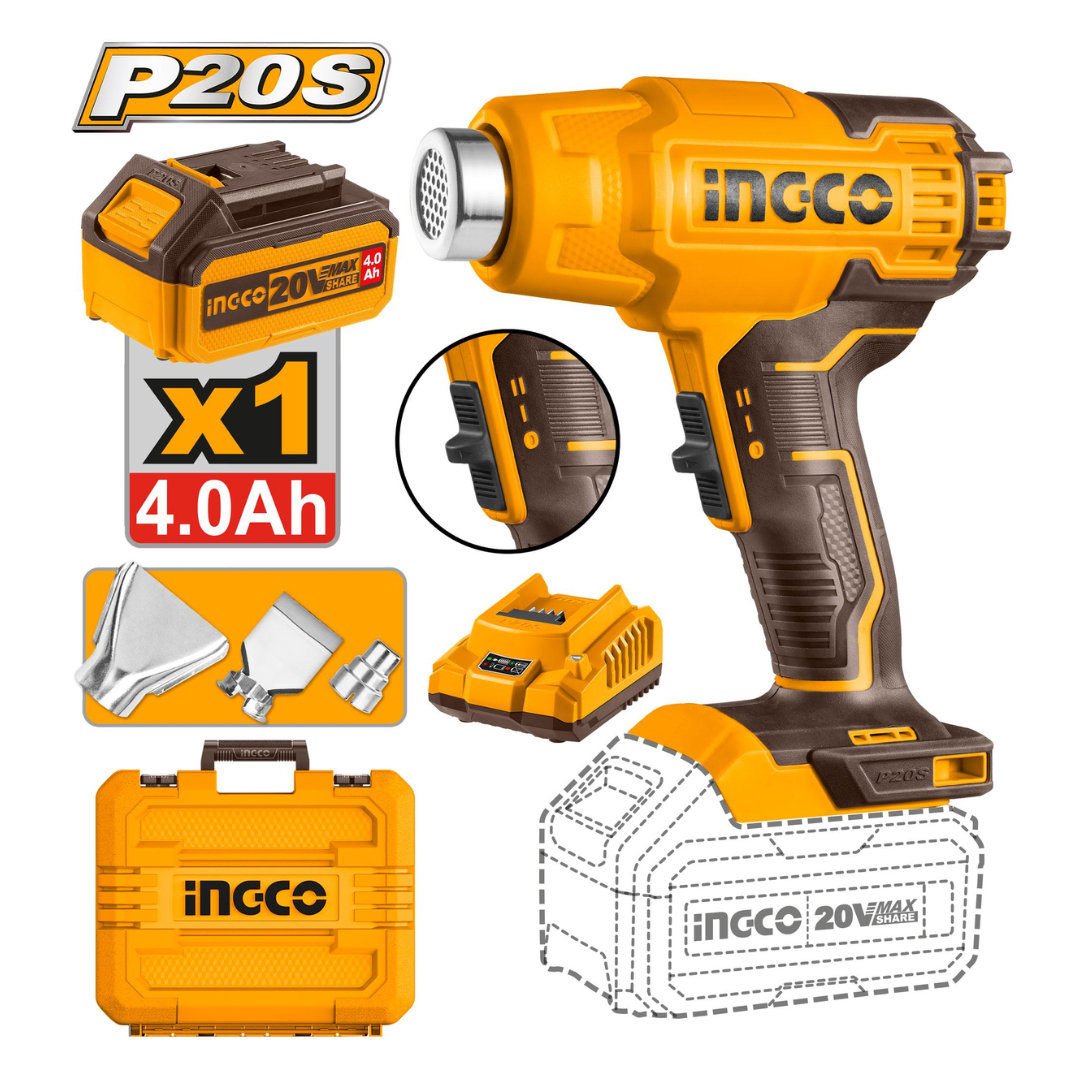 เครื่องเป่าลมร้อนไร้สาย 20V No.HGLI20025 INGCO (รวมแบตเตอรี่และแท่นชาร์จ)