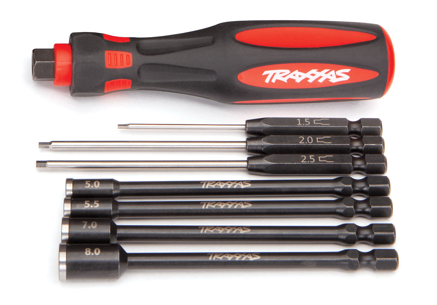 8712 Speed Bit Essentials Set, hex and nut driver, 7-piece, includes premium handle (medium), travel pouch, hex drivers (straight: 1.5mm, 2.0mm, 2.5mm) and nut drivers (5.0mm, 5.5mm, 7.0mm, and 8.0mm), 1/4” drive