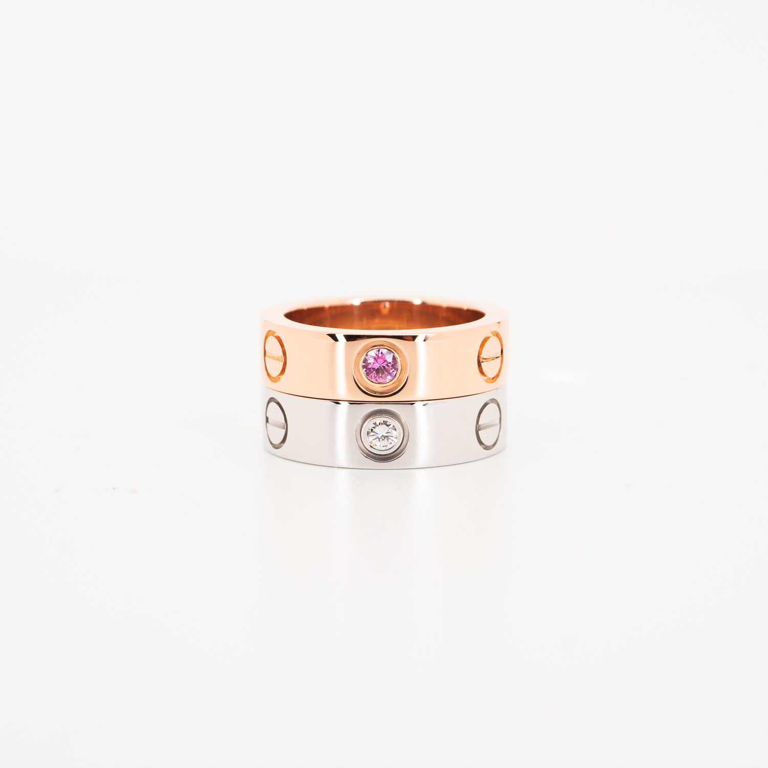 **สำหรับไซส์นิ้ว 49#** แหวน Cartier Love Pink sapphire ทองชมพู18K x แหวน Cartier Love 3Diamonds ทองขาว18K (Used)