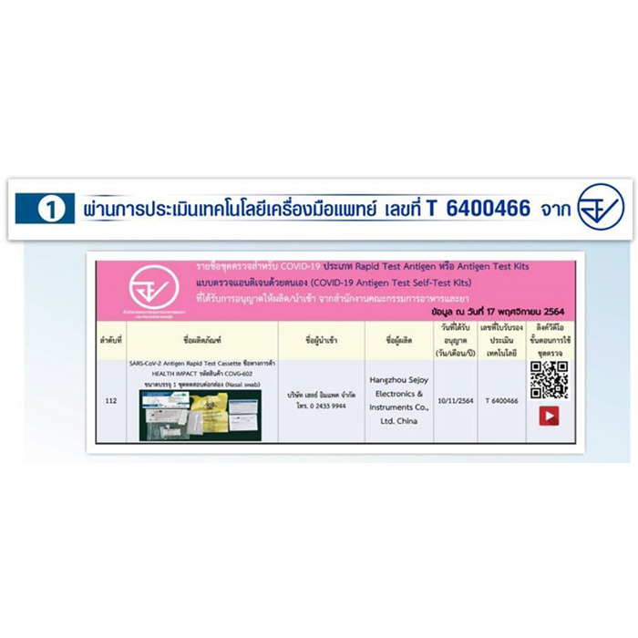 Health Impact SARS-CoV-2 Antigen Rapid Test Cassette ชุด ATK ทางจมูกสำหรับการทดสอบด้วยตนเอง