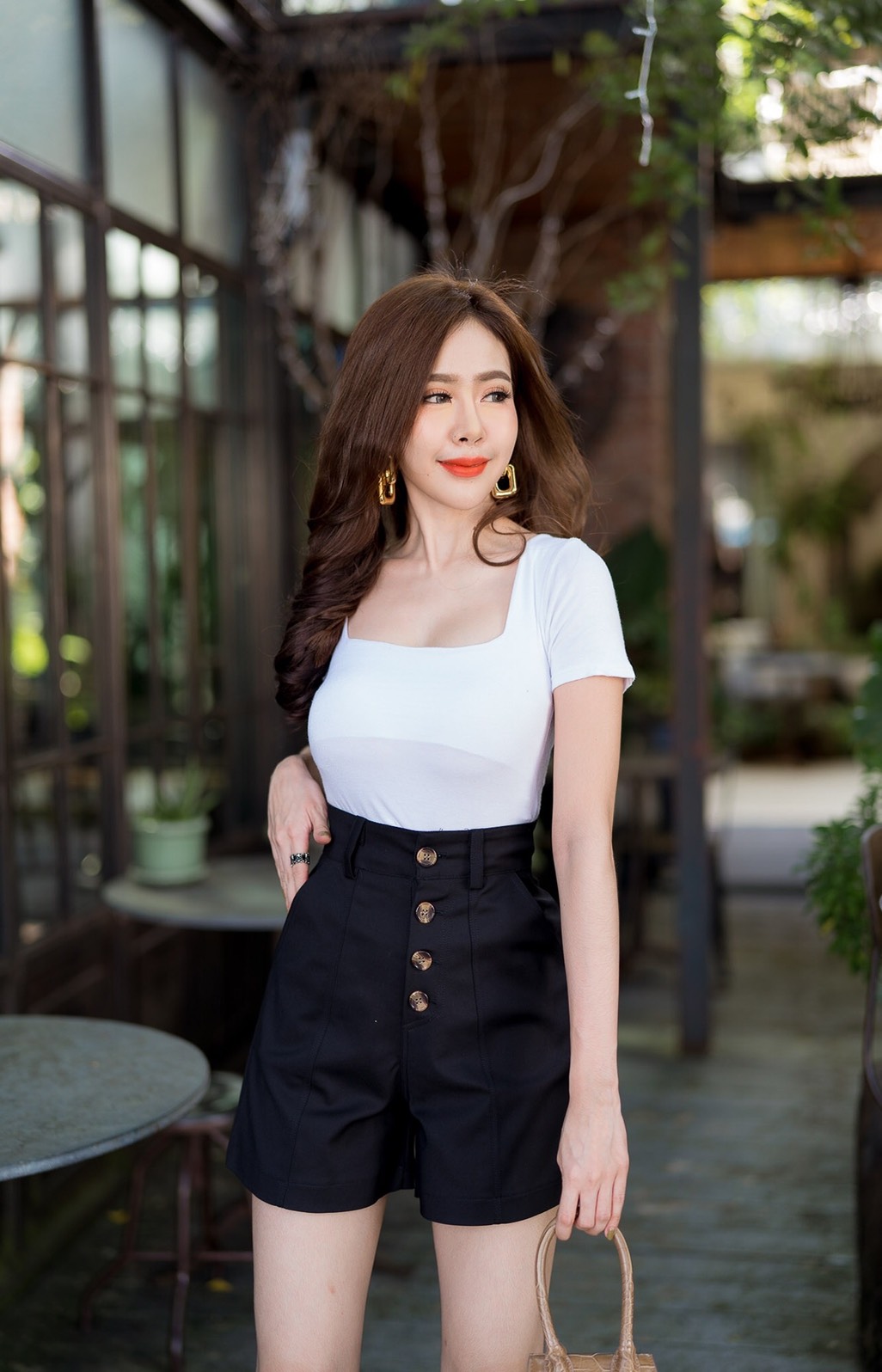 กางเกงขาสั้นเอวสูง กระดุมลาย ผ้าดับเบิ้ล สวยมาก เก็บพุงอย่างเนียน ใส่แล้วทรงสวย