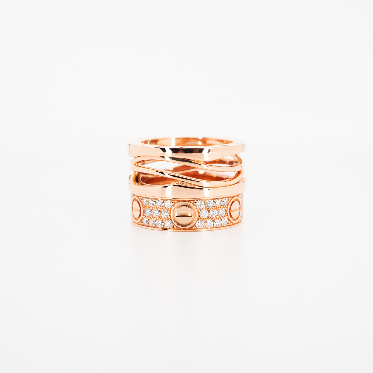 **สำหรับไซส์นิ้ว 56#** แหวน Cartier Love Ring, Diamond-Paved ทองชมพู18K x แหวน Tiffany & Co. Tiffany Classic Band Ring with 3Diamonds Platinum950 (Used)
