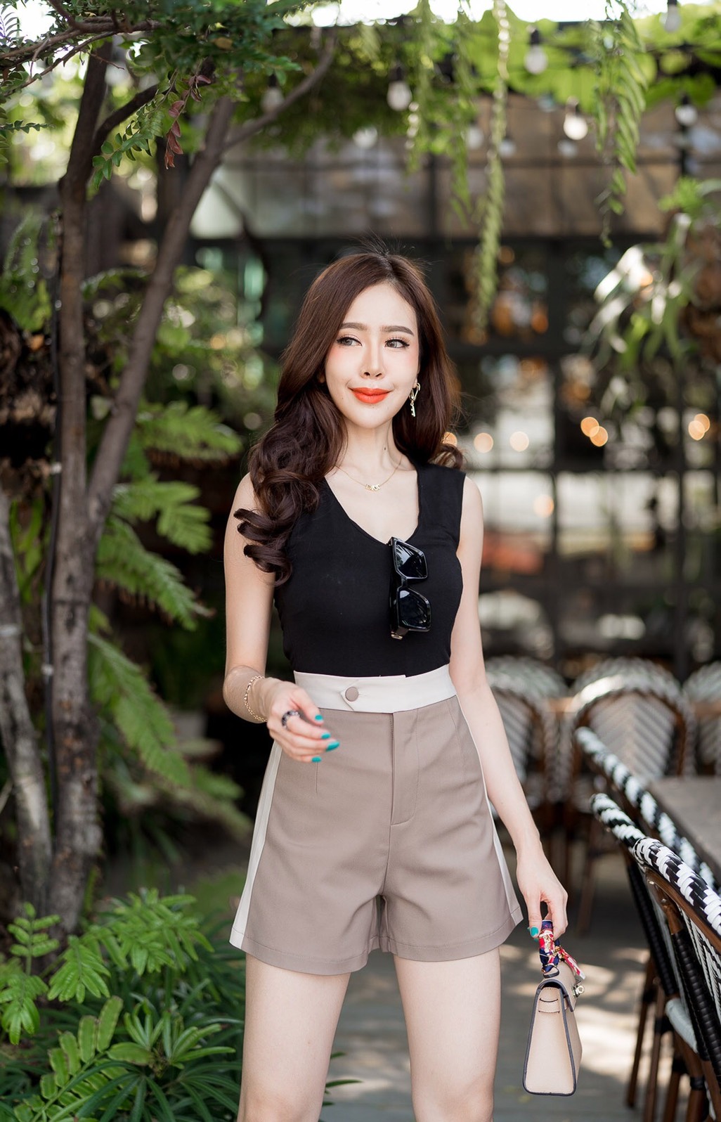 กางเกงขาสั้นเอวสูทูโทน สายหวาน ผ้าดับเบิ้ล ผ้าดี ผ้ายืด สวยน่ารัก