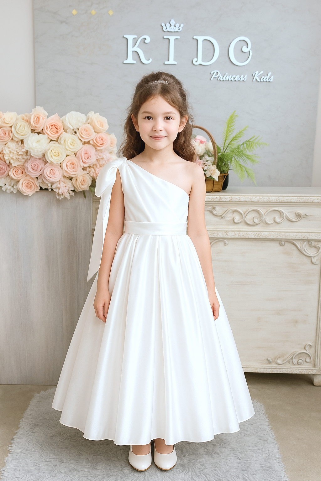ชุดราตรีเด็ก ชุดเจ้าหญิง (*หน้าร้านอยู่รัชดา*)W19203 สีขาว กระโปรงยาว ไหล่เบี่ยง เรียบหรู