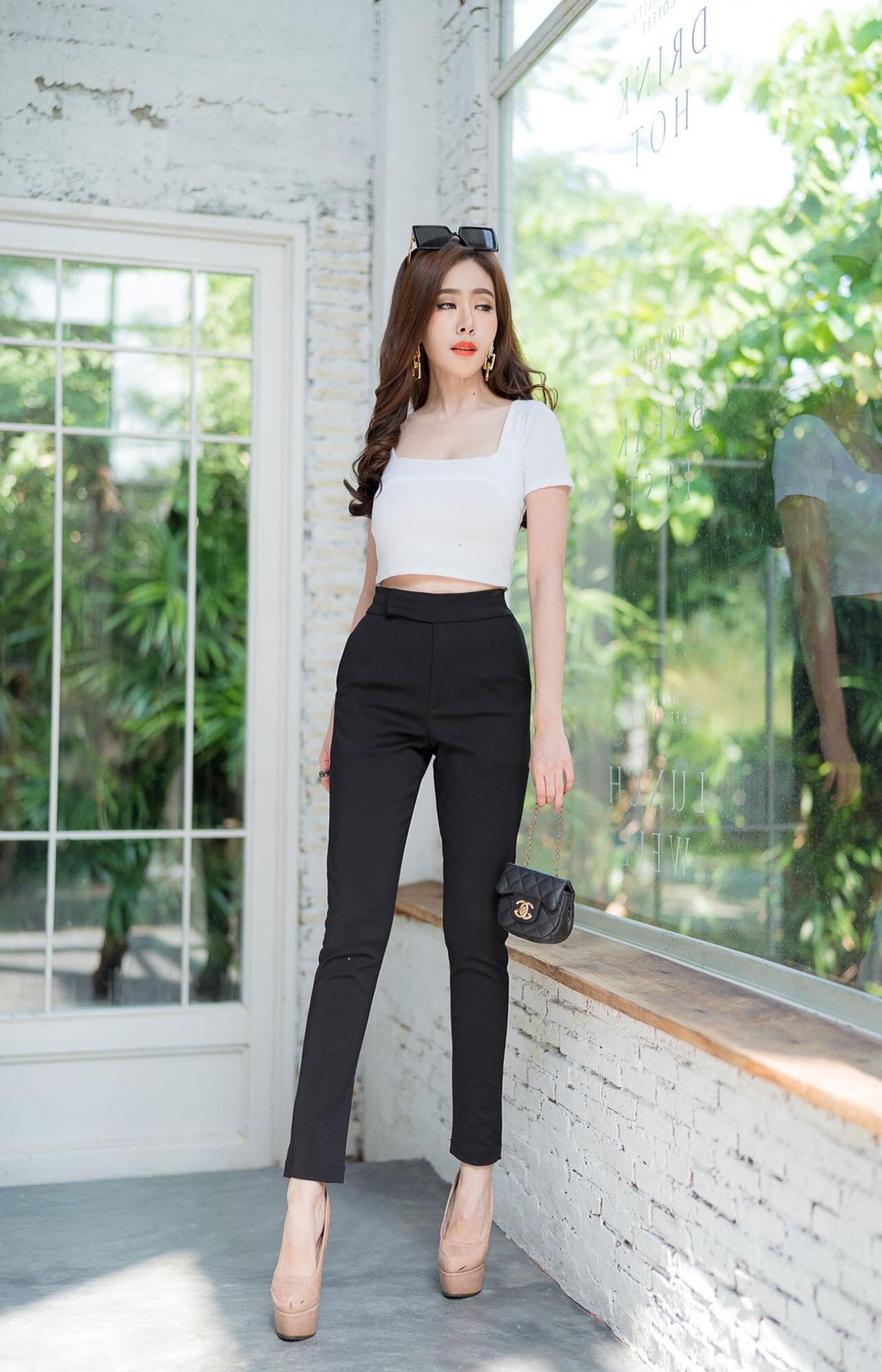 กางเกงขายาวผู้หญิงเอวสูง ซ่อน 2 ตะขอ ซิปหน้า ผ้าดับเบิ้ลซาติน ยืด น่ารัก