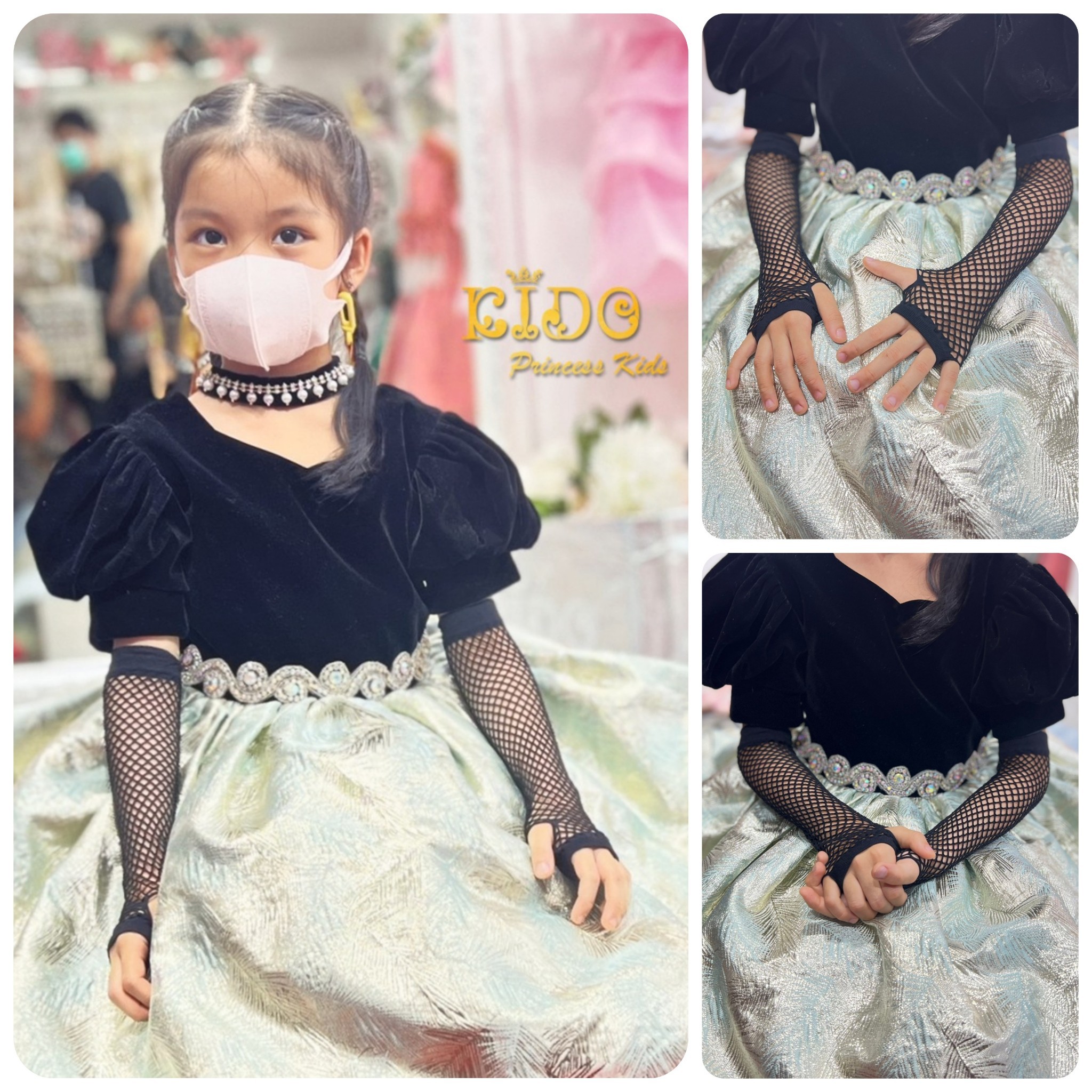 ถุงมือเด็ก(มีหน้าร้านอยู่รัชดา)PL17 สีดำ ถุงมือตาข่ายยาวเปิดนิ้วเท่ๆ