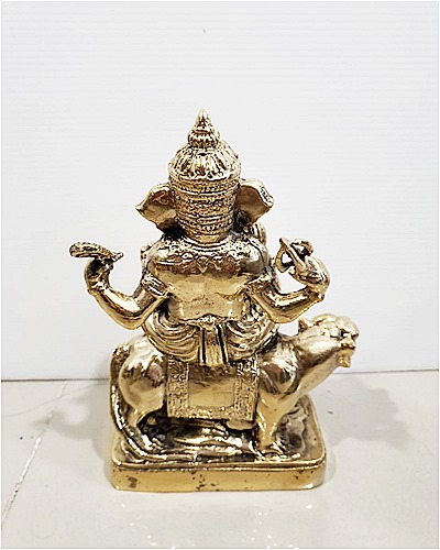 พระพิฆเนศขี่เสือ เนื้อทองเหลืองขัดเงา หน้าตัก 5 นิ้ว สูง 8.5 นิ้ว