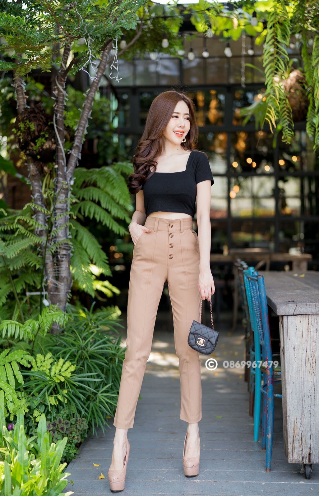 กางเกงขายาวผู้หญิงเอวสูง แต่งกระดุมบาย กระเป๋าใหญ่ ผ้าดับเบิ้ลซาติน ยืด สวยมาก