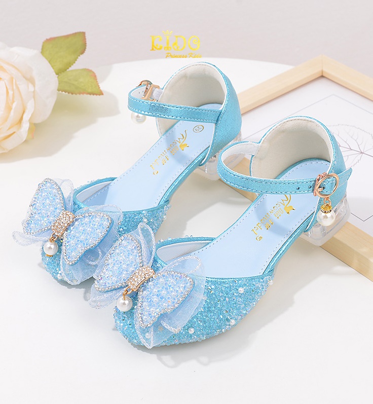 รองเท้าเด็กออกงาน(หน้าร้านอยู่รัชดา ลองได้)H150 สีฟ้า เปิดข้างโบว์หน้าห้อยมุก