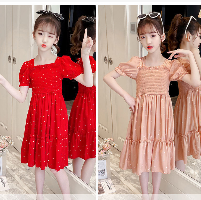 ชุดกระโปรงเด็ก Kesorn Shop แขนพัฟ สุดเก๋ ผ้าซีฟองแขนสั้น มีมาให้เลือก 2 สี ชมพูและแดง สำหรับเด็ก 3-8 ปี เสื้อผ้าเด็ก เดรสกระโปรงเด็ก แฟชั่นเด็ก เสื้อผ้าเด็กผู้หญิง