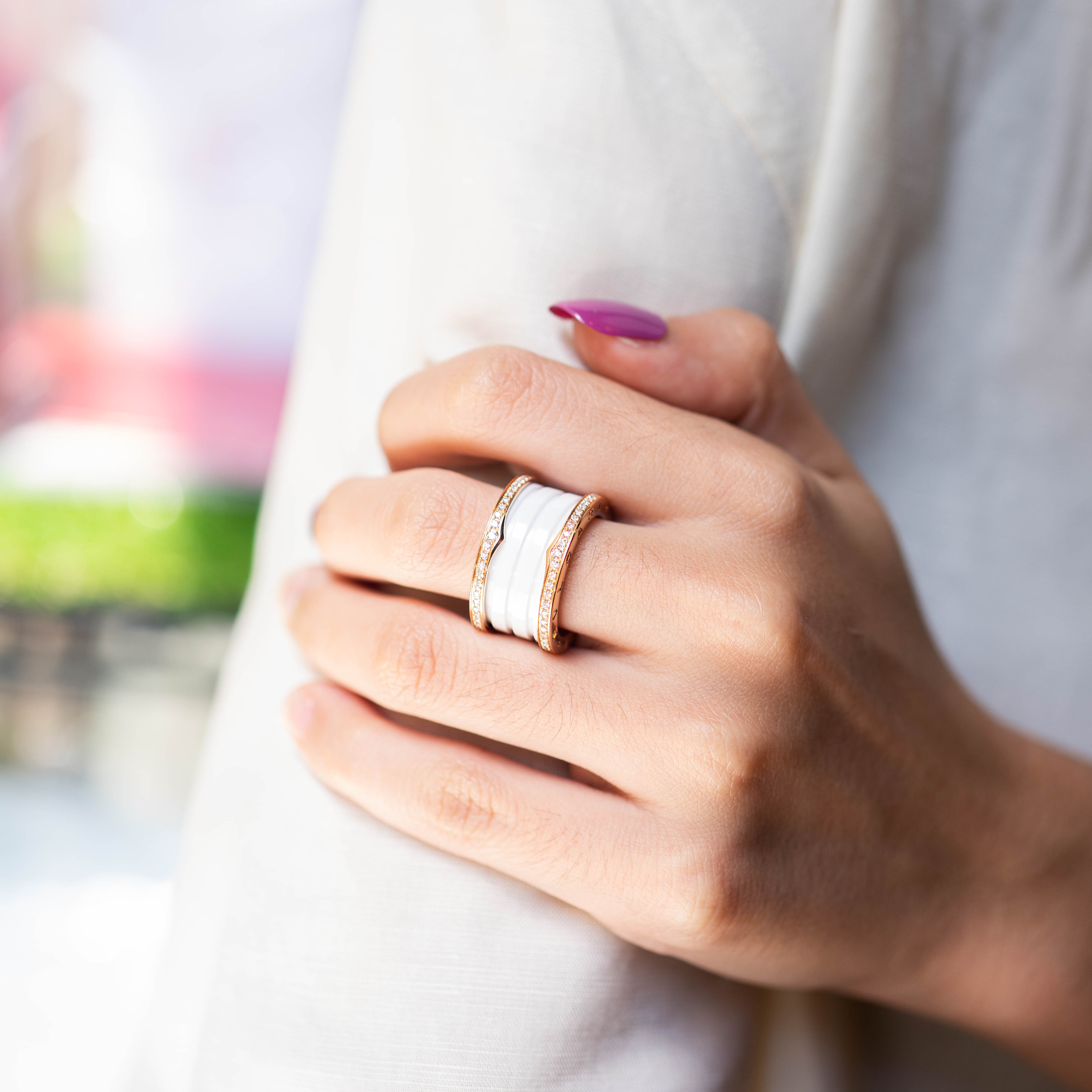 แหวน Bvlgari B.zero1 4band White Ceramic Spiral with Pavé Diamonds ทองชมพู18K ไซส์ 54# (Used) +การ์ด2021